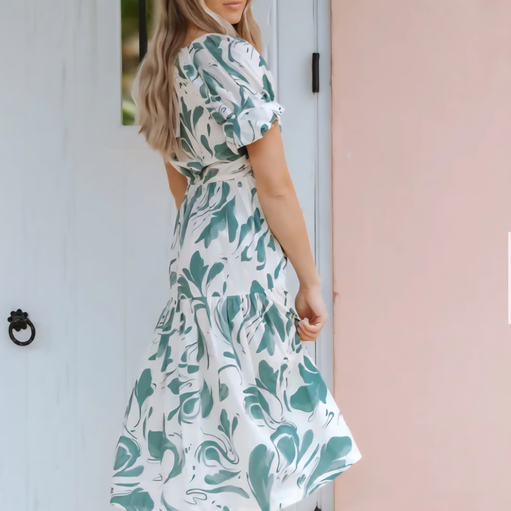Great Transition Outfit Lightweight Green and White Patterned Midi Dress - Picture 2 of 4